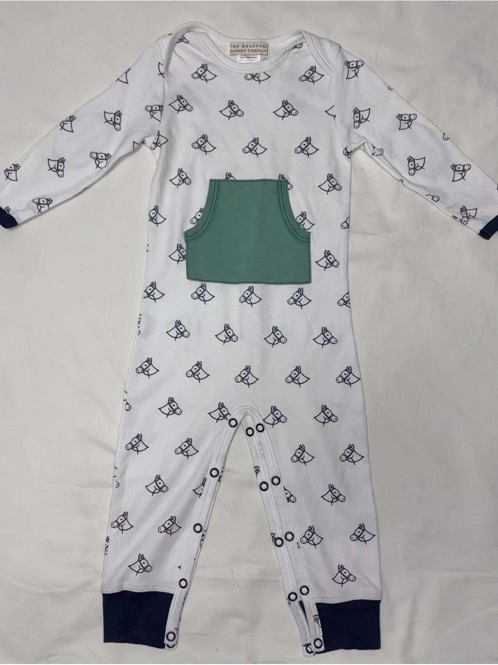 The Beaufort Bonnet Co romper with horses and elbow patches sz 6-12 mo NWOT